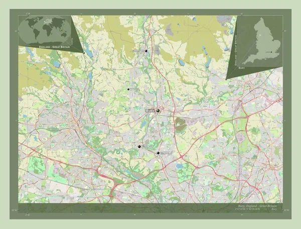 ベリー イングランドの行政郡 イギリス ストリートマップを開く 地域の主要都市の位置と名前 コーナー補助位置図 — ストック写真