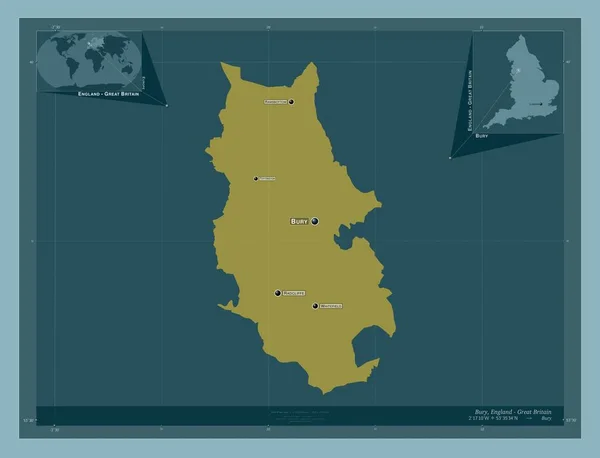 ベリー イングランドの行政郡 イギリス しっかりした色の形 地域の主要都市の位置と名前 コーナー補助位置図 — ストック写真