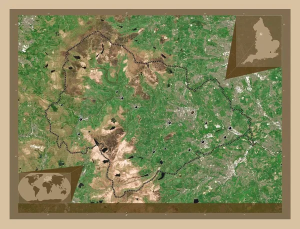 Calderdale, administrative county of England - Great Britain. Low resolution satellite map. Locations of major cities of the region. Corner auxiliary location maps