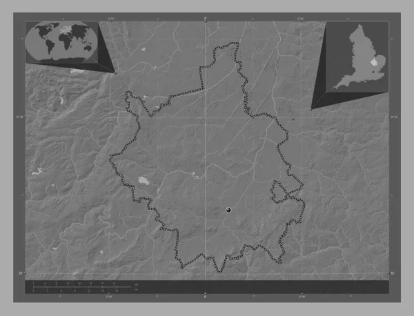 坎布里奇郡 英格兰的行政区划 大不列颠 带湖泊和河流的比尔维尔高程图 角辅助位置图 — 图库照片