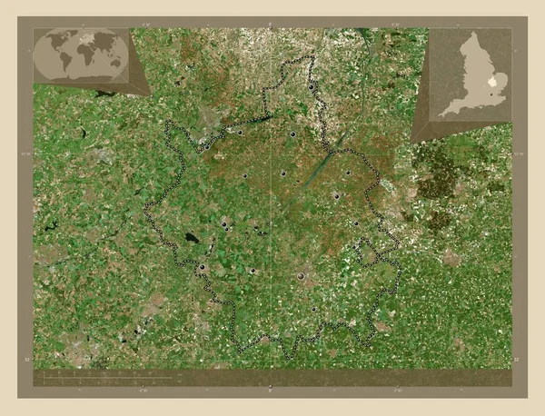 ケンブリッジシャー イングランドの行政郡 イギリス 高解像度衛星地図 地域の主要都市の場所 コーナー補助位置図 — ストック写真