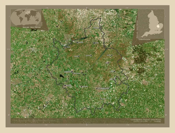 坎布里奇郡 英格兰的行政区划 大不列颠 高分辨率卫星地图 该区域主要城市的地点和名称 角辅助位置图 — 图库照片