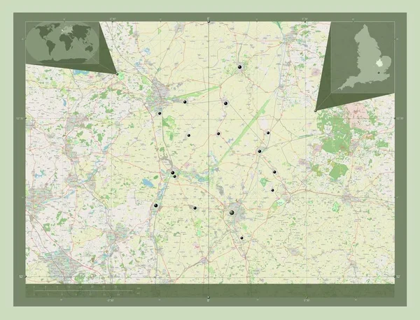 ケンブリッジシャー イングランドの行政郡 イギリス ストリートマップを開く 地域の主要都市の場所 コーナー補助位置図 — ストック写真
