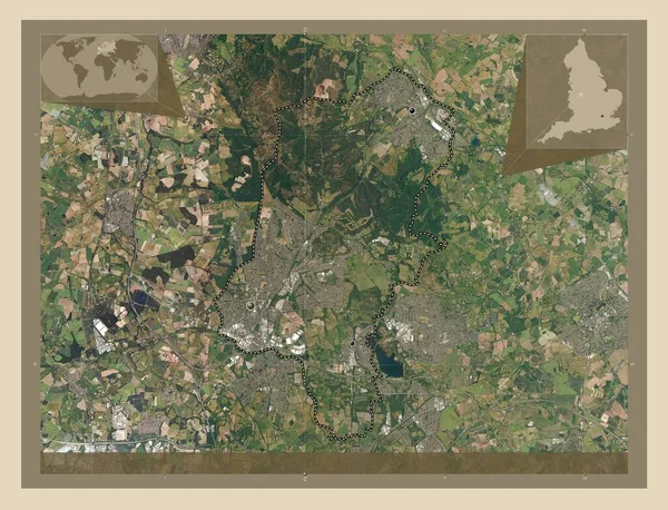 坎诺克 Cannock Chase 英国非大都市地区 高分辨率卫星地图 该区域主要城市的所在地点 角辅助位置图 — 图库照片