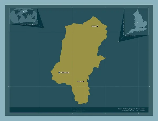 イギリスの首都圏ではない地域 カナック チェイス 英語版 イギリス しっかりした色の形 地域の主要都市の位置と名前 コーナー補助位置図 — ストック写真