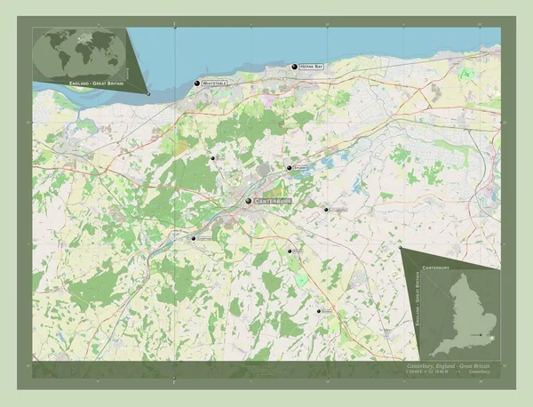 大英帝国の首都圏ではない地区 カンタベリー ストリートマップを開く 地域の主要都市の位置と名前 コーナー補助位置図 — ストック写真