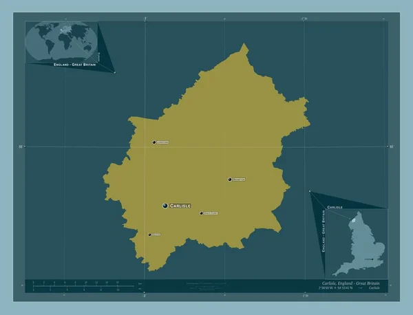 イギリスの非大都市圏 カーライル イギリス しっかりした色の形 地域の主要都市の位置と名前 コーナー補助位置図 — ストック写真