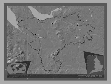 Cheshire West ve Chester, İngiltere idari kontluğu, Büyük Britanya. Göllü ve nehirli çift katlı yükseklik haritası. Bölgenin büyük şehirlerinin yerleri ve isimleri. Köşedeki yedek konum haritaları