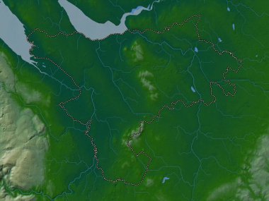 Cheshire West ve Chester, İngiltere idari kontluğu, Büyük Britanya. Gölleri ve nehirleri olan renkli yükseklik haritası