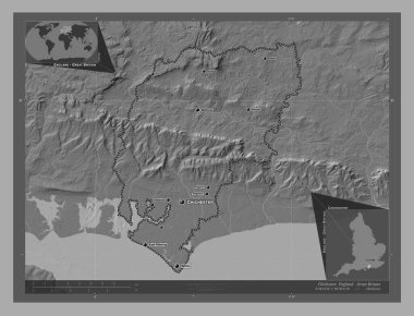 Chichester, İngiltere 'nin metropolitan olmayan bölgesi, Büyük Britanya. Göllü ve nehirli çift katlı yükseklik haritası. Bölgenin büyük şehirlerinin yerleri ve isimleri. Köşedeki yedek konum haritaları