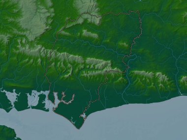 Chichester, İngiltere 'nin metropolitan olmayan bölgesi, Büyük Britanya. Gölleri ve nehirleri olan renkli yükseklik haritası