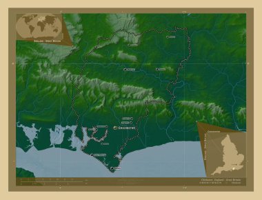 Chichester, İngiltere 'nin metropolitan olmayan bölgesi, Büyük Britanya. Gölleri ve nehirleri olan renkli yükseklik haritası. Bölgenin büyük şehirlerinin yerleri ve isimleri. Köşedeki yedek konum haritaları