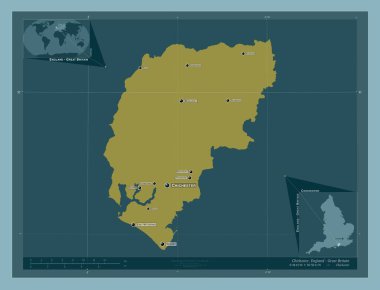 Chichester, İngiltere 'nin metropolitan olmayan bölgesi, Büyük Britanya. Katı renk şekli. Bölgenin büyük şehirlerinin yerleri ve isimleri. Köşedeki yedek konum haritaları