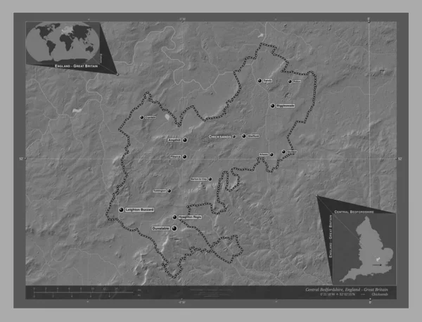 中贝德福德郡 英格兰的行政区划 大不列颠 带湖泊和河流的比尔维尔高程图 该区域主要城市的地点和名称 角辅助位置图 — 图库照片