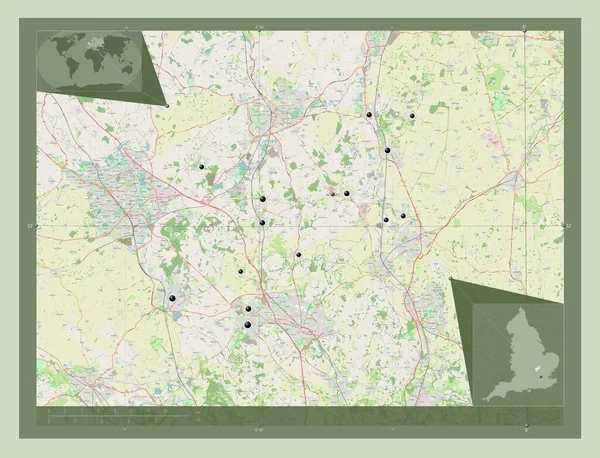 イギリスの行政郡 セントラル ベドフォードシャー イギリス ストリートマップを開く 地域の主要都市の場所 コーナー補助位置図 — ストック写真