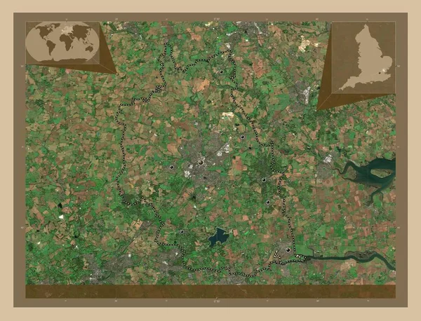イギリスの非大都市圏 チェルムスフォード イギリス 低解像度衛星地図 地域の主要都市の場所 コーナー補助位置図 — ストック写真