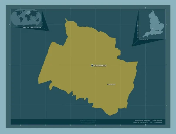 切尔滕汉姆 英格兰非大都市地区 大不列颠 固体的颜色形状 该区域主要城市的地点和名称 角辅助位置图 — 图库照片