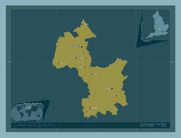 イギリスの首都圏ではないチェルウェル イギリス しっかりした色の形 地域の主要都市の位置と名前 コーナー補助位置図 — ストック写真