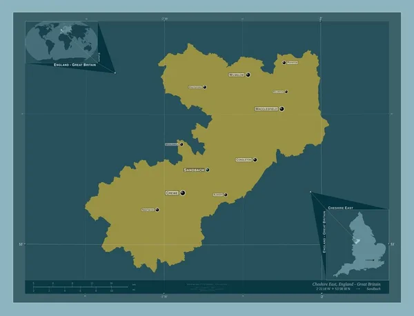 柴郡东 英格兰的行政区划 大不列颠 固体的颜色形状 该区域主要城市的地点和名称 角辅助位置图 — 图库照片