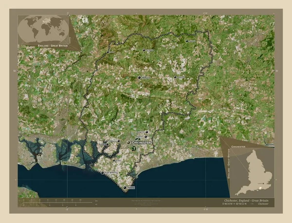 奇切斯特 英格兰非大都市地区 大不列颠 高分辨率卫星地图 该区域主要城市的地点和名称 角辅助位置图 — 图库照片