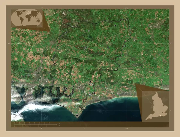 奇切斯特 英格兰非大都市地区 大不列颠 低分辨率卫星地图 该区域主要城市的所在地点 角辅助位置图 — 图库照片