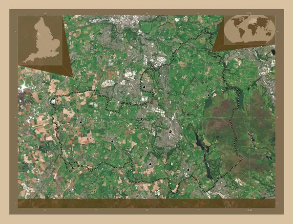 英格兰非大都市地区 大不列颠 低分辨率卫星地图 该区域主要城市的所在地点 角辅助位置图 — 图库照片