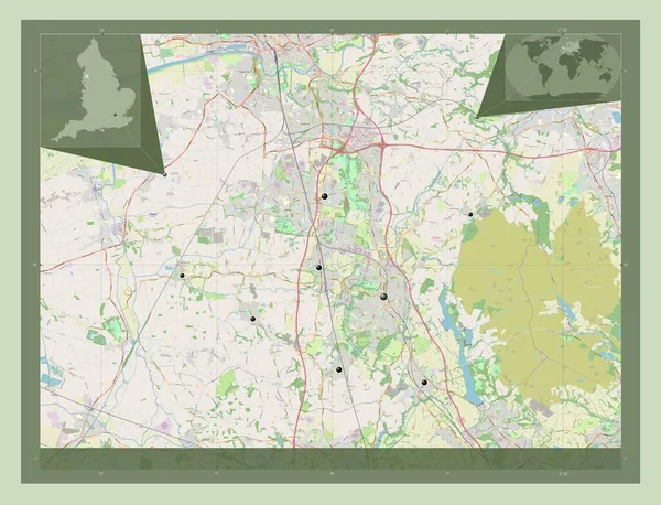 イングランドの首都圏ではない地域 チョーリー イギリス ストリートマップを開く 地域の主要都市の場所 コーナー補助位置図 — ストック写真