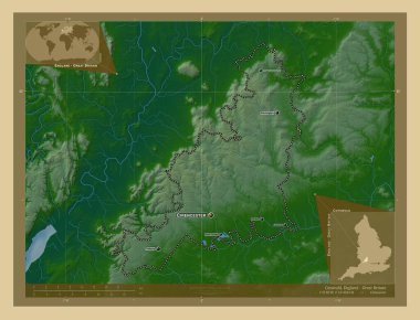 Cotswold, İngiltere 'nin metropolitan olmayan bölgesi, Büyük Britanya. Gölleri ve nehirleri olan renkli yükseklik haritası. Bölgenin büyük şehirlerinin yerleri ve isimleri. Köşedeki yedek konum haritaları