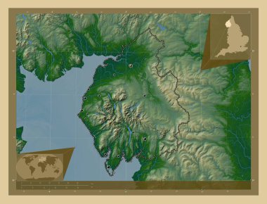 Cumbria, İngiltere idari bölgesi - Büyük Britanya. Gölleri ve nehirleri olan renkli yükseklik haritası. Bölgenin büyük şehirlerinin yerleri. Köşedeki yedek konum haritaları