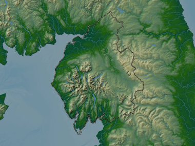 Cumbria, İngiltere idari bölgesi - Büyük Britanya. Gölleri ve nehirleri olan renkli yükseklik haritası