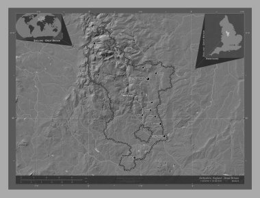 Derbyshire, İngiltere idari kontluğu - Büyük Britanya. Göllü ve nehirli çift katlı yükseklik haritası. Bölgenin büyük şehirlerinin yerleri ve isimleri. Köşedeki yedek konum haritaları