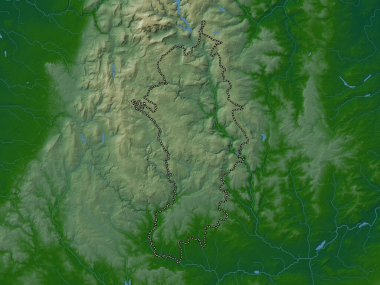 Derbyshire Dales, İngiltere 'nin metropolitan olmayan bölgesi - Büyük Britanya. Gölleri ve nehirleri olan renkli yükseklik haritası