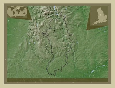 Derbyshire Dales, İngiltere 'nin metropolitan olmayan bölgesi - Büyük Britanya. Yükseklik haritası göller ve nehirlerle wiki tarzında renklendirilmiş. Köşedeki yedek konum haritaları