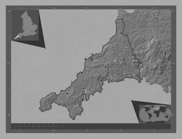 康沃尔 英格兰的行政区划 大不列颠 带湖泊和河流的比尔维尔高程图 该区域主要城市的所在地点 角辅助位置图 — 图库照片