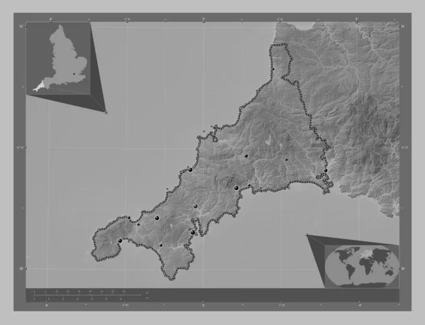 康沃尔 英格兰的行政区划 大不列颠 带有湖泊和河流的灰度高程图 该区域主要城市的所在地点 角辅助位置图 — 图库照片