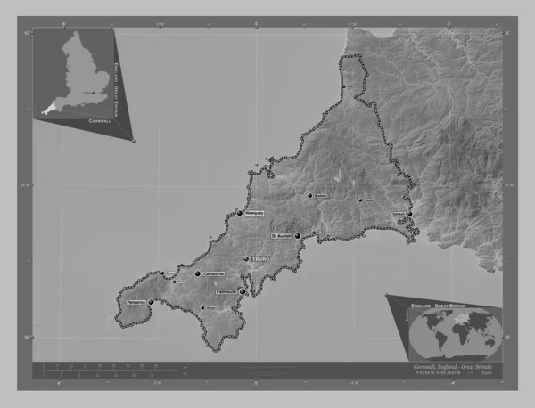 康沃尔 英格兰的行政区划 大不列颠 带有湖泊和河流的灰度高程图 该区域主要城市的地点和名称 角辅助位置图 — 图库照片