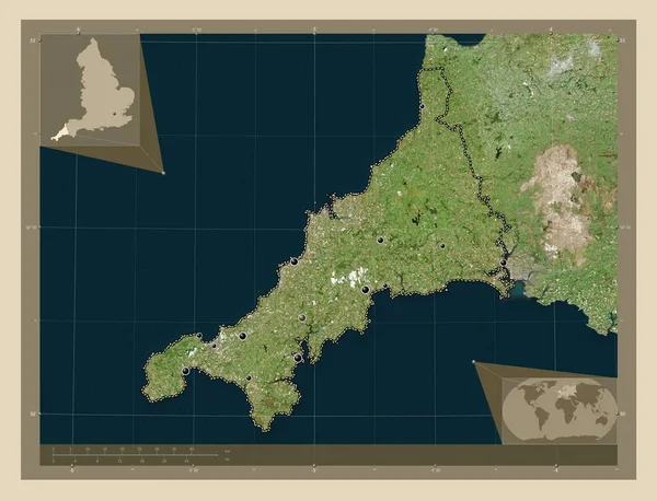 康沃尔 英格兰的行政区划 大不列颠 高分辨率卫星地图 该区域主要城市的所在地点 角辅助位置图 — 图库照片