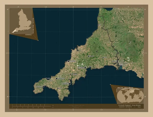 イギリスの行政郡コーンウォール イギリス 低解像度衛星地図 地域の主要都市の位置と名前 コーナー補助位置図 — ストック写真