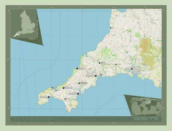 Cornwall, administrative county of England - Great Britain. Open Street Map. Locations and names of major cities of the region. Corner auxiliary location maps