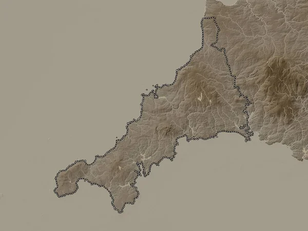 康沃尔 英格兰的行政区划 大不列颠 带有湖泊和河流的深紫色色调的高程图 — 图库照片