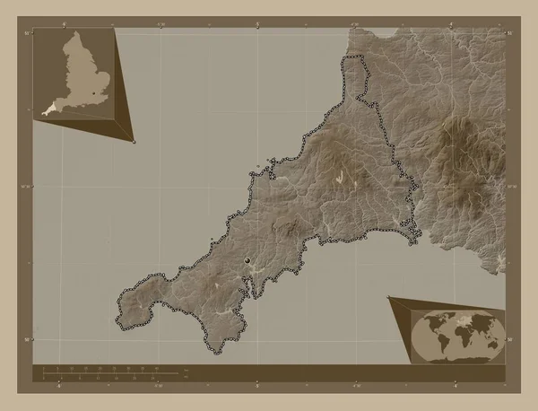 Cornwall 영국의 세피아 색으로 지도는 호수와 강으로 울려퍼진다 Corner Auxiliary — 스톡 사진
