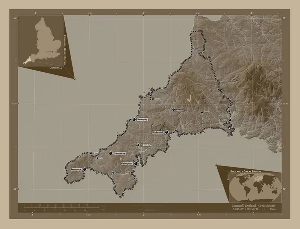 Cornwall Bestuurlijke Graafschap Engeland Groot Brittannië Hoogtekaart Gekleurd Sepia Tinten — Stockfoto