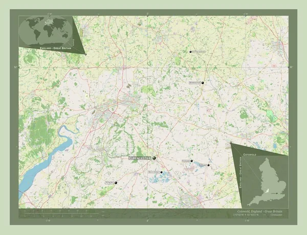 イギリスの首都圏ではないコッツウォルド 英語版 イギリス ストリートマップを開く 地域の主要都市の位置と名前 コーナー補助位置図 — ストック写真