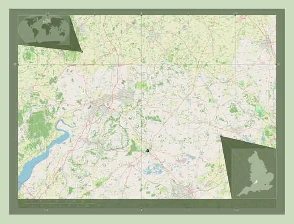 イギリスの首都圏ではないコッツウォルド 英語版 イギリス ストリートマップを開く コーナー補助位置図 — ストック写真