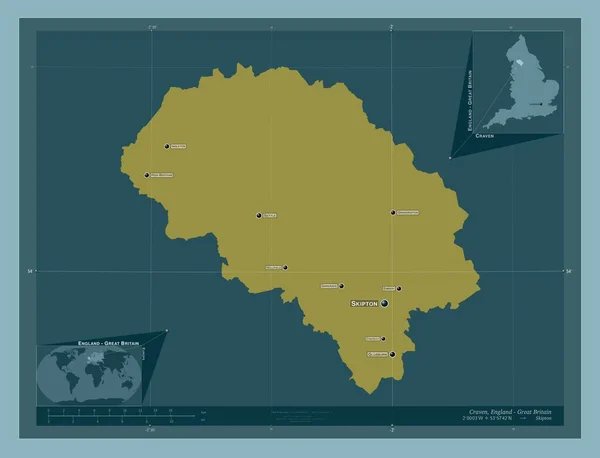 英国非大都市地区的克雷文 大不列颠 固体的颜色形状 该区域主要城市的地点和名称 角辅助位置图 — 图库照片