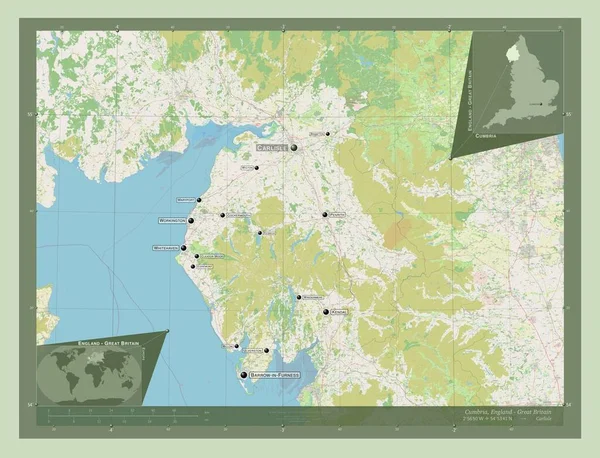 坎布里亚 英格兰的行政区划 大不列颠 开放街道地图 该区域主要城市的地点和名称 角辅助位置图 — 图库照片