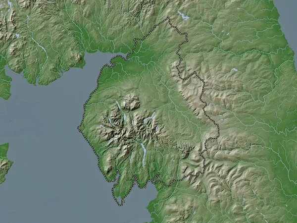 Cumbria, administrative county of England - Great Britain. Elevation map colored in wiki style with lakes and rivers