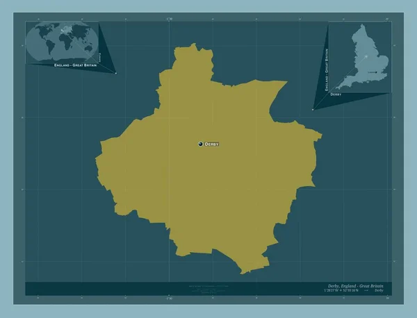 ダービー イギリスの統一当局 イギリス しっかりした色の形 地域の主要都市の位置と名前 コーナー補助位置図 — ストック写真