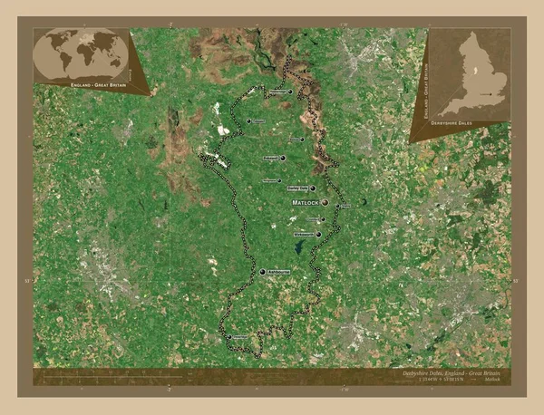 ダービーシャー デールズ Derbyshire Dales イギリスの首都ではない 低解像度衛星地図 地域の主要都市の位置と名前 コーナー補助位置図 — ストック写真