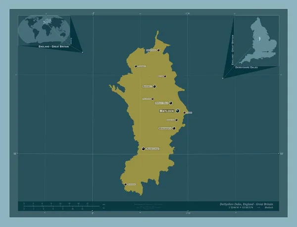 德比郡戴尔斯 英格兰非都市地区 大不列颠 固体的颜色形状 该区域主要城市的地点和名称 角辅助位置图 — 图库照片